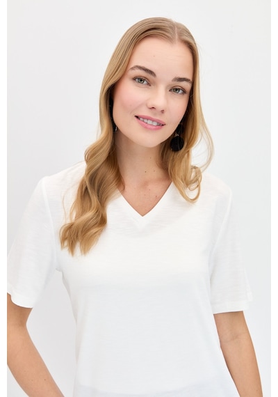 Kadın V Yaka Flamlı Kumaş Basic Tshirt Ekru Ekru