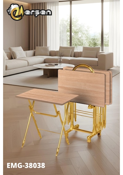 Eranş Serisi 4'lü Katlanır Mdf Mebran Ahşap Çanta Zigon Sehpa Gold Ayak Açık Atlantik Çam Desen Gold Ayak
