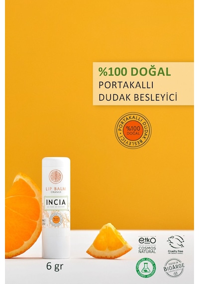 INCIA %100 Doğal Dudak Besleyici Portakal Bitkisel Nemlendirici Dudak Bakım Kremi 6 G