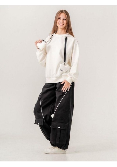 Zekids Kız Çocuk Mevsimlik Paçası Cepli Gabardin Pantolon-14767 Siyah