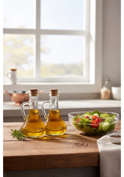 450 Ml 2 Li Cam Yağdanlık Seti Mantar Kapaklı Şeffaf Sirkelik Zeytinyağı Şişesi Ergonomik Tasarım Şeffaf