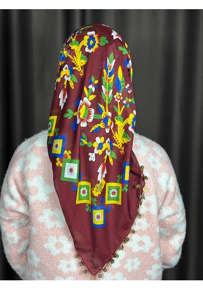 Çengelköy Desenli Pullu Yazma 100x100 Cm Etnik Çiçekli Başörtüsü Çeyizlik Ve Günlük Bordo