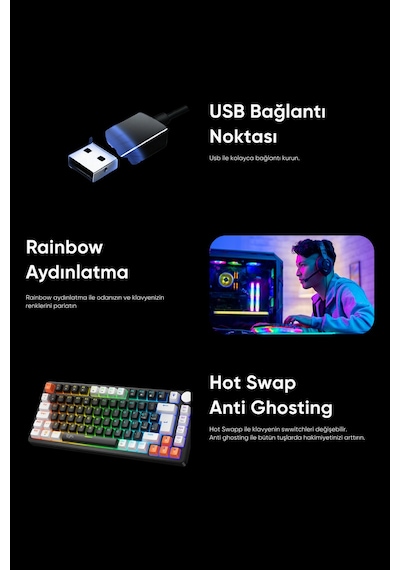 Strike Compact Mekanik Klavye Hot Swap Anti Ghosting Türkçe Örgü Kablo Oyuncu Klavyesi Siyah