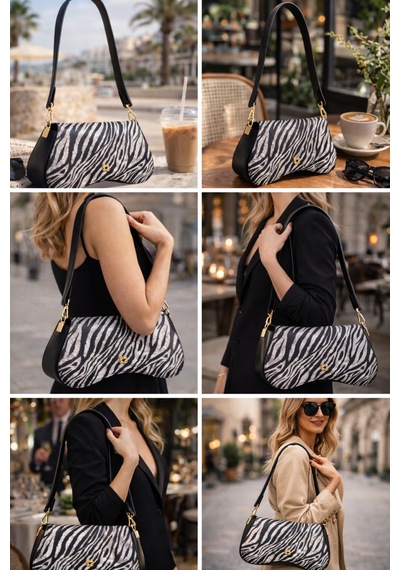 Dukidaso Gri Altın Tokalı Zebra Desenli Kadın Omuz Çantası Gri Mt1606 GRİ