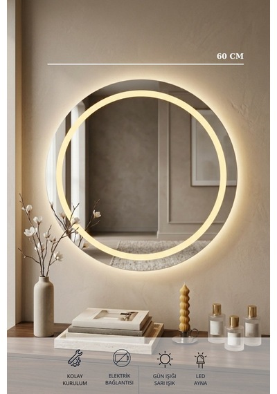 60 Cm Kumlamalı Led Ayna, Banyo, Antre, Salon, Dekoratif Gün Işığı Duvar Aynası