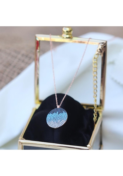 Mavi Renkli Zirkon Taşlı Yuvarlak Rose Gold Gümüş Kolye Gümüş