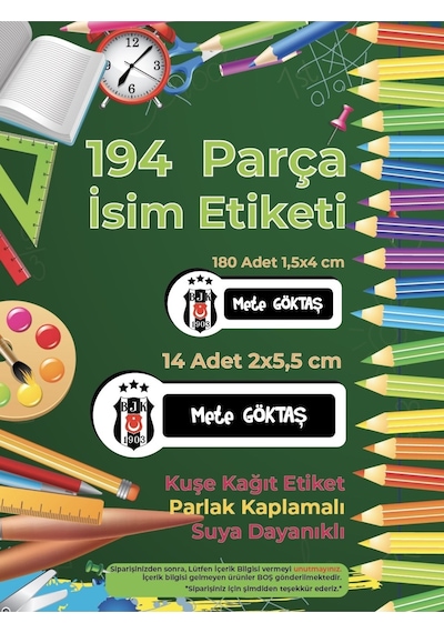 Okul Etiketi Kalem Defter Etiketi, Beşiktaş Etiketi - 194 Adet Opak Sticker Renkli