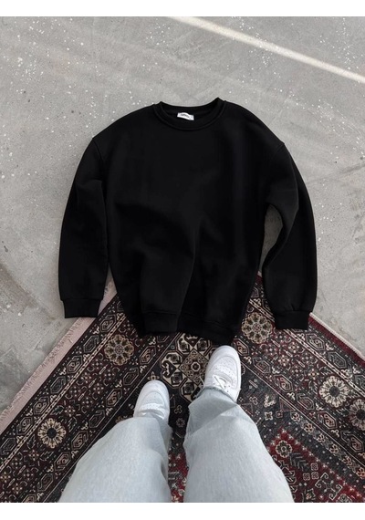 Mbb E-ticaret Kadın Bisiklet Yaka 3 İplik Pamuklu Basic Sweatshirt - Siyah