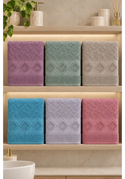 Elmas Motifli Renkli El Yüz Havlusu 50x90 Cm 6 Lı Set %100 Pamuk - Çok Renkli