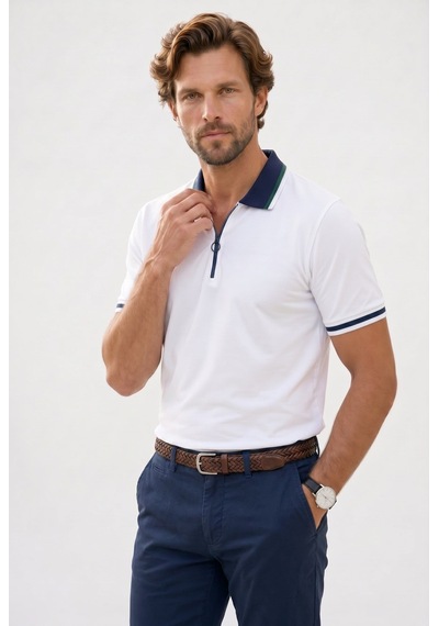 Tudors Erkek Slim Fit Dar Kesim %100 Pamuk Kısa Kollu Yarım Fermuarlı Beyaz Polo Yaka Tişört-50744