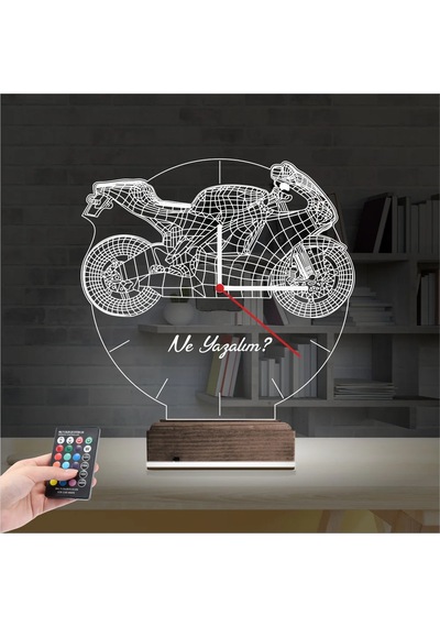 Luvivia Motorsiklet Motor V1 Kişiye Özel Saatli 3d Lamba - Masa Gece Lambası Şeffaf