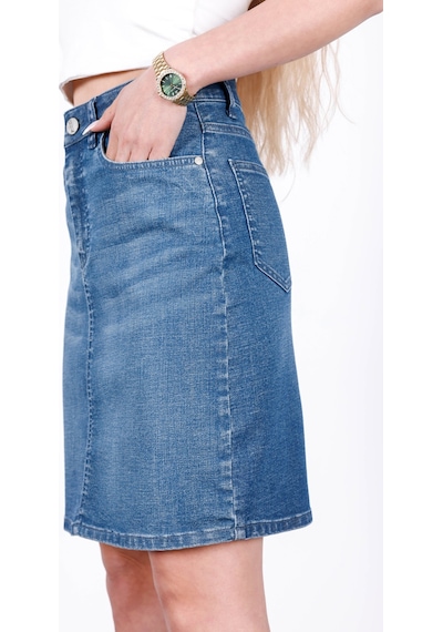 HLT Jeans Nordic Blue Kadın Regular Fit Likralı Yüksek Bel Orta Boy Denim Kot Etek Alice-4013 Mavi