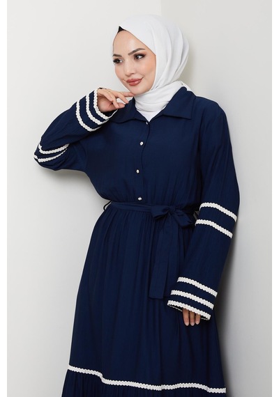 Hb Harma Time Butik Kadın Çilek Kumaş Şerit Detaylı Kuşaklı Lacivert Elbise
