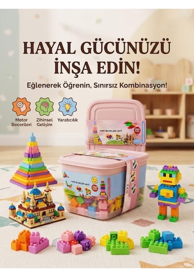 250 Parçalı Saklama Kutulu Renkli Bloklu Eğlenceli Sayısız Kombinasyonlu Eğitici Yapı Oyuncak Seti