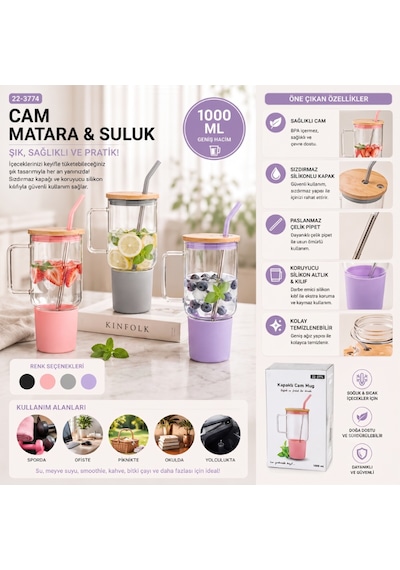 1000 Ml Cam Matara Kupa Bardak - Bambu Kapaklı - Silikon Kılıflı