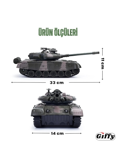 Oyuncak Şarjlı Uzaktan Kumandalı Rc Tank 33 Cm 360 Döner Gövde Işıklı Sesli Atış Efektli Yeşil