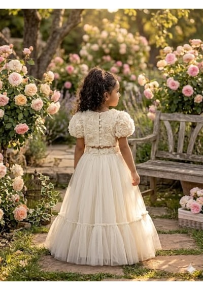 Star Kids Fashion Kız Çoçuk Ekru Gül Detaylı Crop Elbise,kız Çoçuk Mezuniyet Elbisesi