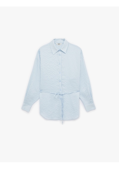 Koton Modal Kumaş Uzun Kollu Bağlama Detaylı Oversize Tunik Gömlek Mavi Çizgili 6sak60180pw Mavi Çizgili