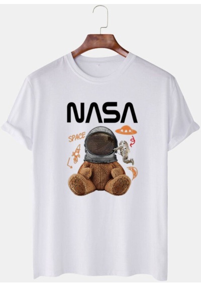 Flood Of Style Unisex Beyaz Nasa Uzaylı Ayıcık Baskılı Bisiklet Yaka Oversize Tişört