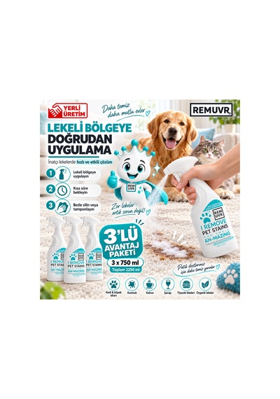 Leke Çıkarıcı Enzimatik Sprey 750 Ml Halı Koltuk Kumaş Kedi Köpek İdrar Ve Koku Giderici X 3 Adet Kedi Köpek, Halı Koltuk Yatak