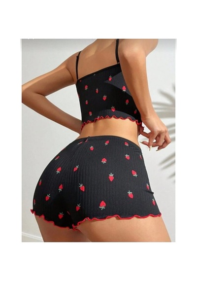 Selveta Kadın Siyah Penye İp Askılı Şortlu İnce Gecelik Pijama Takımı Çok Renkli