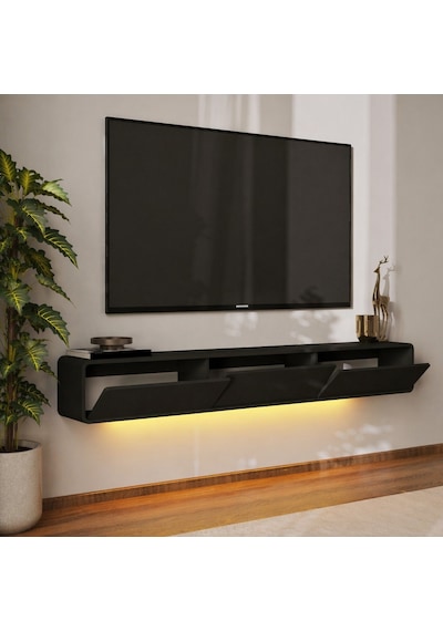 İnarch Dizayn Alba Led Işıklı Duvara Monte Tv Sehpası - 3 Kapaklı Tasarım Siyah