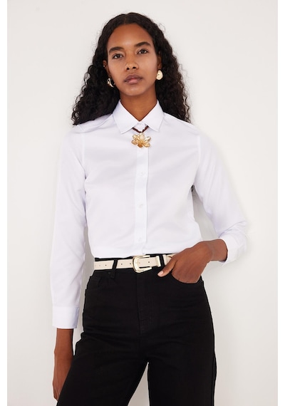 Tudors Kadın Slim Fit Dar Kesim Vucüda Oturan Uzun Kollu Beyaz Basic Gömlek-35322 Beyaz