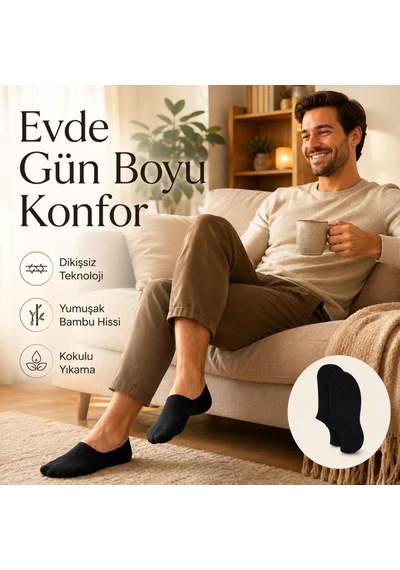 Genel Erkek Bambu 12 Li Dikişsiz Babet Çorap Siyah Beyaz Gri Görünmez Sneaker Çorap Siyah 12'li / 39-44
