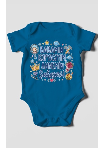 Morivokids Babamın Kopyasıyım Annemin Şaheseri Kısa Kollu Bebek Body %100 Pamuk Koyu Mavi
