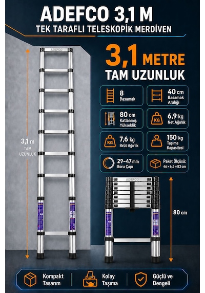 8 Basamak Paslanmaz Çelik Teleskopik Merdiven 3.1 Metre Katlanabilir Uzayan Merdiven -