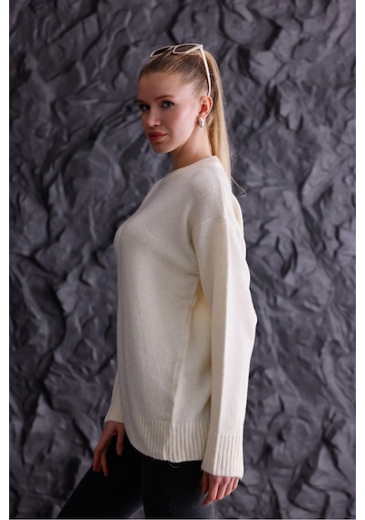 Qscob Bisiklet Yaka Oversize Basic Triko Kazak Bej