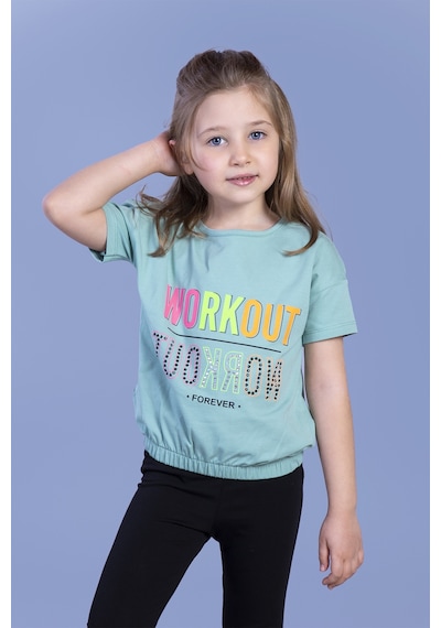 Toontoy Kids Toontoy Kız Çocuk Workout Baskılı Taş İşlemeli Tişört Yeşil