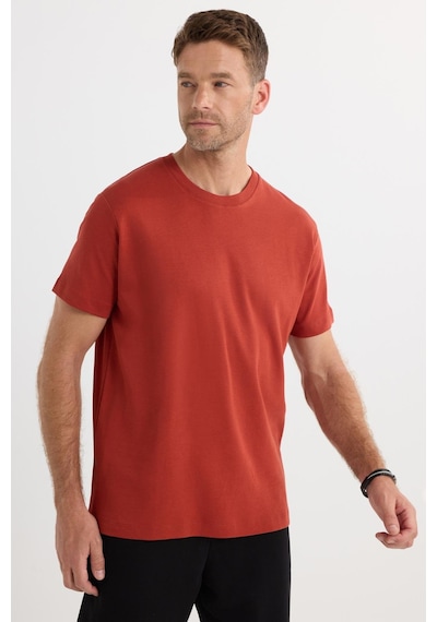 Tudors Unisex Relax Fit Rahat Kesim %100 Pamuk Yumuşak Dokulu Hafif Kalın Kiremit Bisiklet Yaka Tişört-36914 KIREMIT