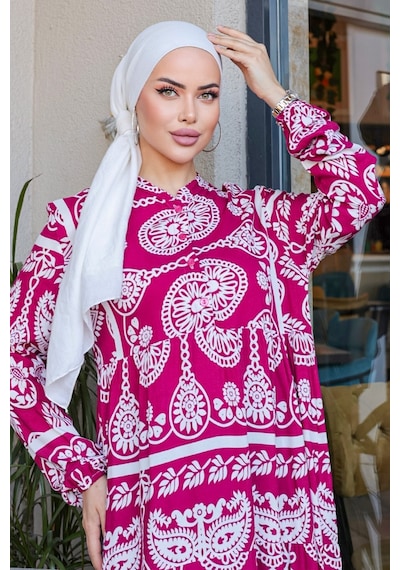 Bestenur Hardy Dokuma Viskon Elbise 848 - Fuşya