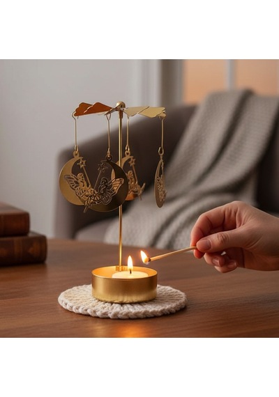 Dönence Tasarımlı Metal Tealight Mumluk Melek & Ay Figürlü Dekoratif Mumluk Gold
