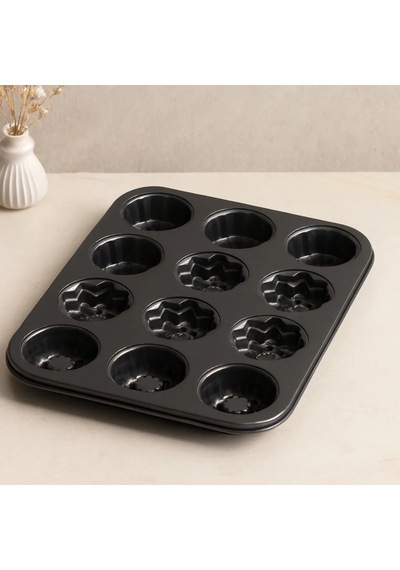 12 Gözlü Metal Muffin Kek Kalıbı - Siyah Açık Altın