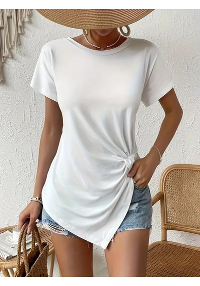 Soonaksesuar Kadın Kısa Kollu Asimetrik Kesim Bel Büzgü Düğüm Detay Viskon Bluz Beyaz