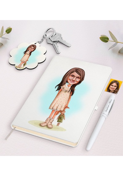 Kişiye Özel Kız Çocuk Karikatürlü Beyaz Defter Kalem Ve Anahtarlı N11.12475