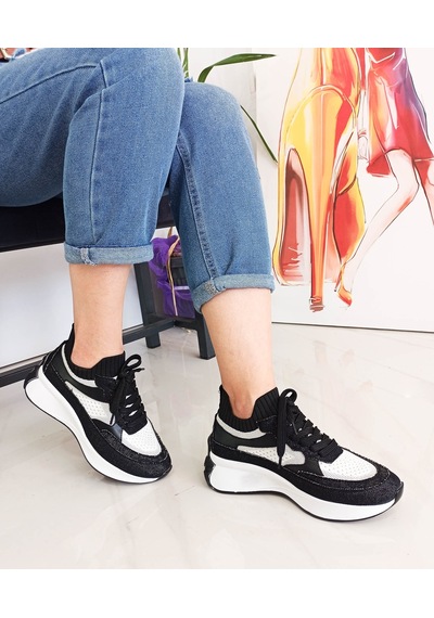Gdt Ayakkabı Siyah Renk Kot Triko Malzeme Bağcıklı Kadın Sneakers