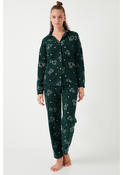 Lela Standart Fit Düğmeli Polarlı Bayan Pijama Takımı 6095616 Yeşil