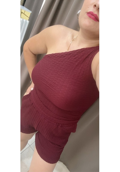 Tuba Toptaş Gofre Şort Lastikli Bel Bordo