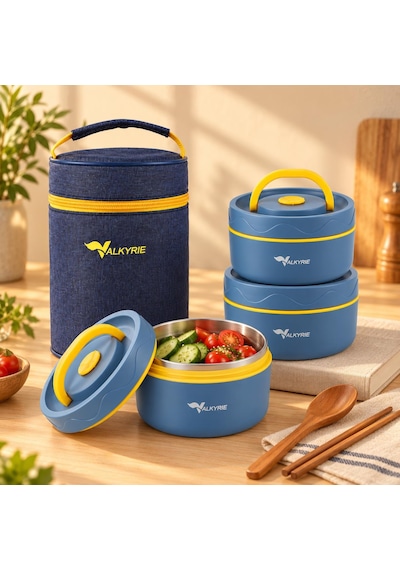 Valkyrie 3 Göz Taraftar 304 Paslanmaz Çelik Yemek Lunch Box 420+420+550 Ml Isı Yalıtımlı Çantalı Lacivert