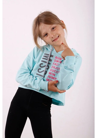 Toontoy Kız Çocuk Relax Fit Kapüşonlu Baskılı Crop Sweatshirt - 2 İplik Mint Yeşili