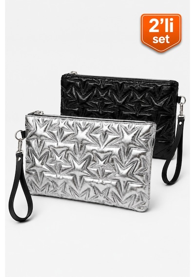 Adelina Bags 2'li Çanta Paketi Yıldız Desenli Portföy El Çantası Bilek Askılı Clutch Çanta Siyah - Gri