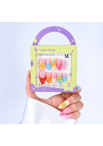 Takma Tırnak Renkli Nail Art Uzun Badem - 10'lu Tekrar Kullanılabilir El Yapımı Protez Takma Tırnak Eubd3043 M
