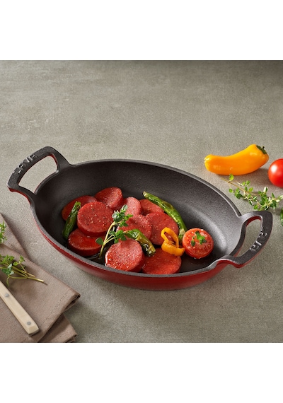 Lava Döküm Oval Sahan Döküm Demir Yekpare Çift Kulplu Kayın Servis Ahşabı Ölçü 19x14cm. - Kırmızı