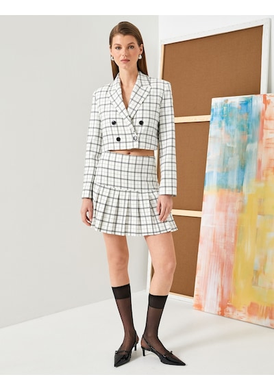 Koton Crop Blazer Ceket Kruvaze Kapama Düğmeli Ekru Ekose 4sak50058uw Ekru