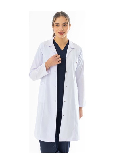 Spor Yaka Uzun Boy Kadın Doktor Önlüğü Alpaka Kumaş Beyaz Bko007 Beyaz