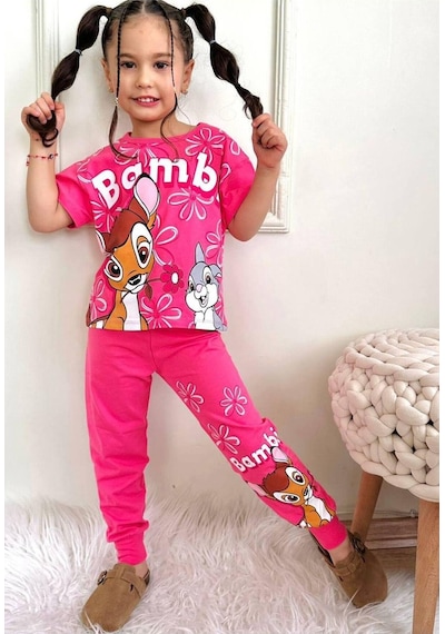 Kiz Çocuk Desenli Kisa Kollu Tshirt Eşofman 2'li Takim-1075 Koyu Pembe Kiz Çocuk Desenli Kisa Kollu Tshirt Eşofman 2'li Takim-1075 Koyu Pembe