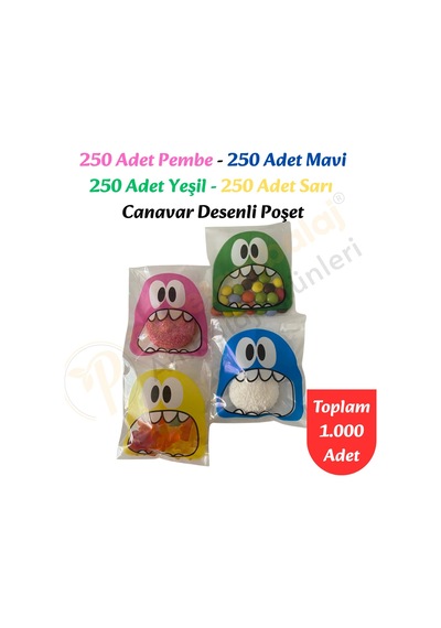 1.000 Adet 4 Renkli Canavar Desenli Cake Pop & Kurabiye Poşeti - 10x15 Cm